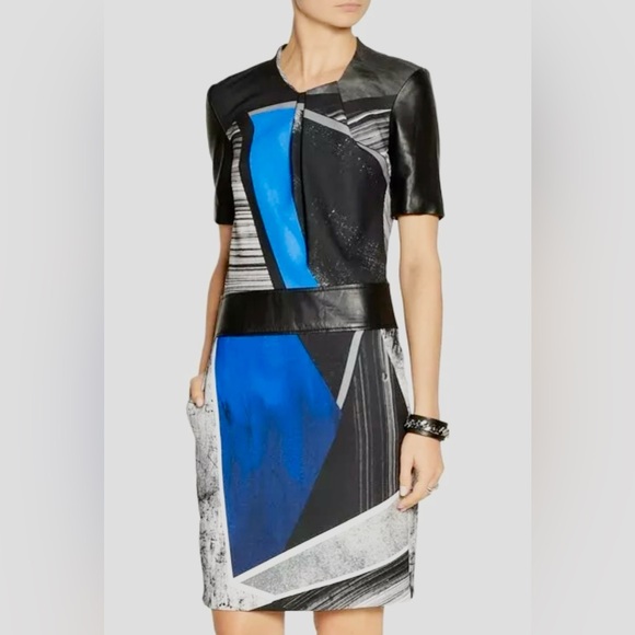 HELMUT LANG Superb Net a Porter Geometric Leather Trim Pencil Dress Size 2 - Picture 3 of 17